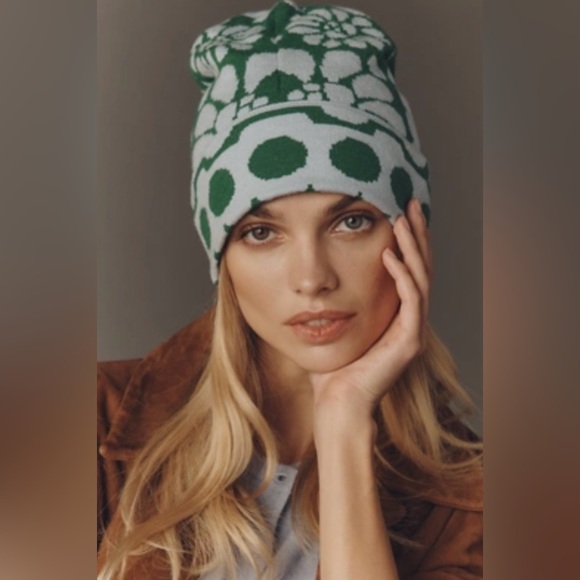 NWT FARM Rio x Anthropologie Green and Blue Polka Knit Beanie